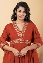 Load image into Gallery viewer, Rust Rayon Readymade Anarkali Suit
