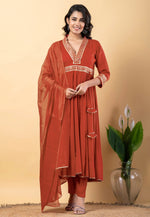 Load image into Gallery viewer, Rust Rayon Readymade Anarkali Suit
