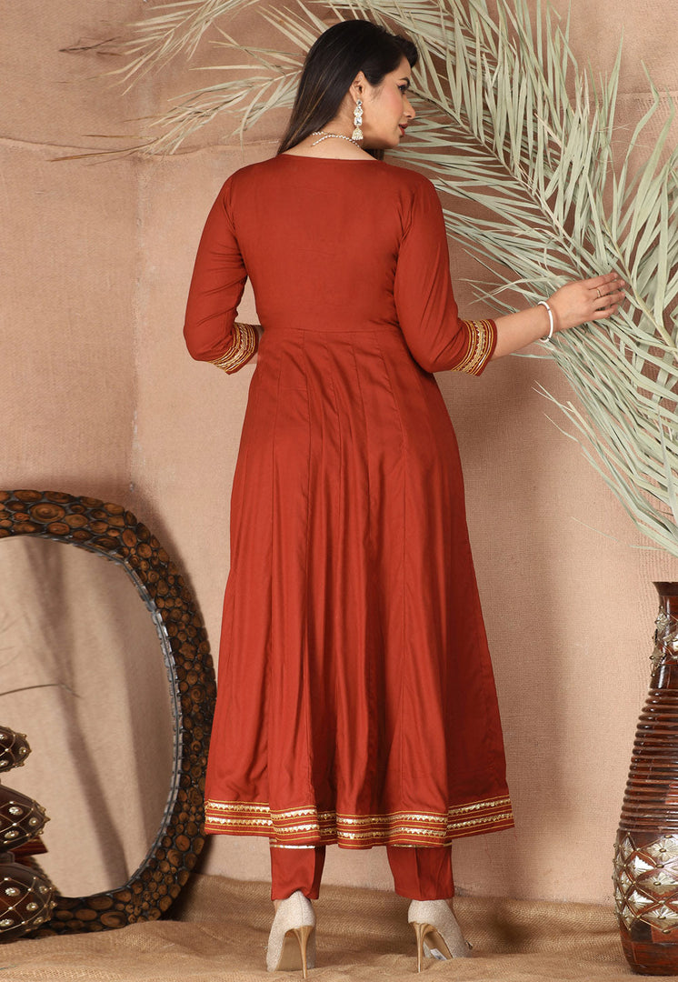 Rust Rayon Readymade Center Slit Anarkali Suit