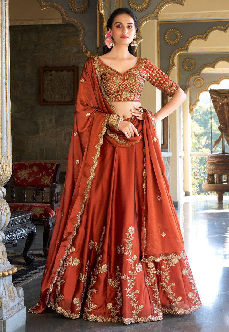 Rust Silk Circular Lehenga Choli
