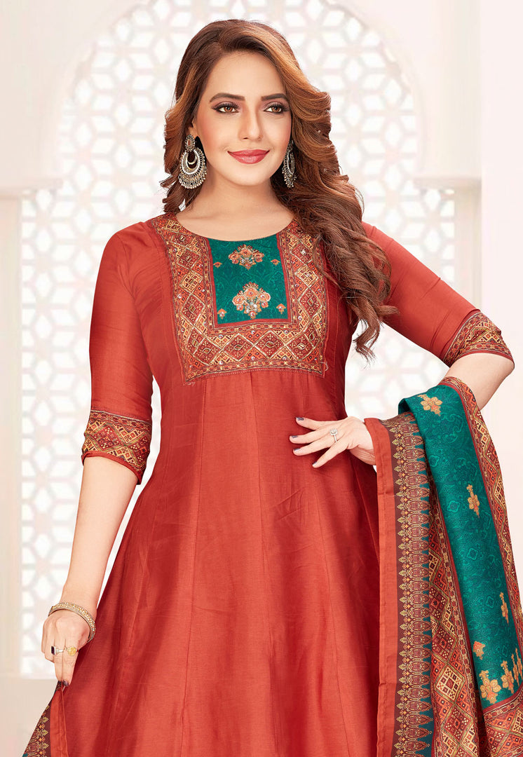 Rust Silk Readymade Pant Style Suit