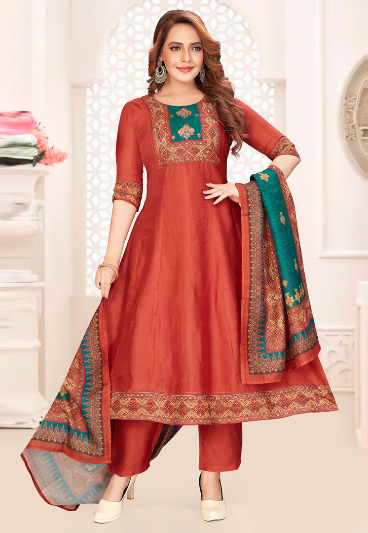 Rust Silk Readymade Pant Style Suit