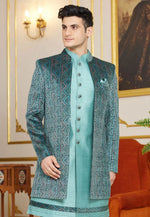 Load image into Gallery viewer, Sea Green Art Silk Jacket Style Sherwani
