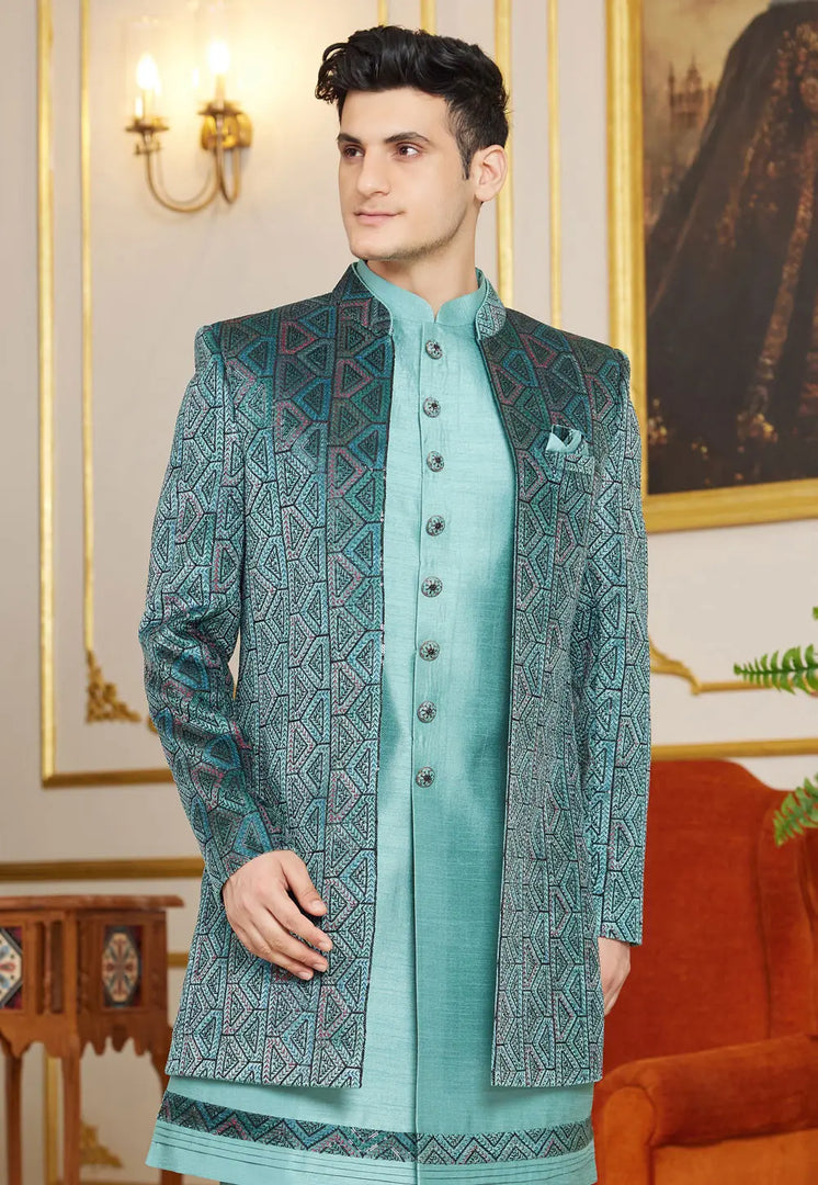 Sea Green Art Silk Jacket Style Sherwani