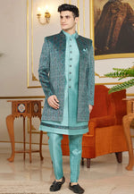 Load image into Gallery viewer, Sea Green Art Silk Jacket Style Sherwani
