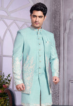 Load image into Gallery viewer, Sea Green Art Silk Jacket Style Sherwani
