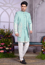 Load image into Gallery viewer, Sea Green Art Silk Jacket Style Sherwani
