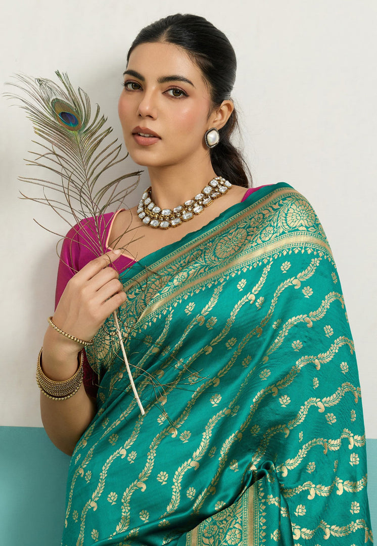 Sea Green Banarasi Silk Saree With Blouse