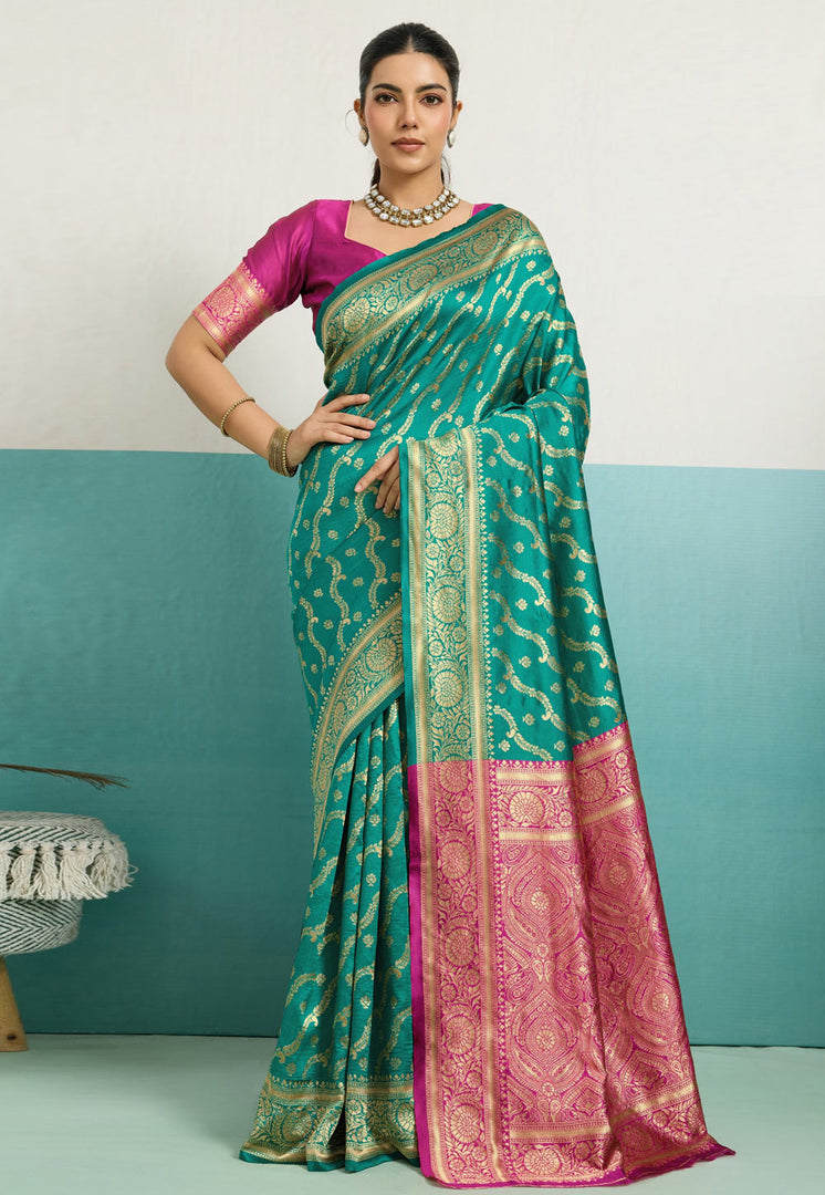 Sea Green Banarasi Silk Saree With Blouse