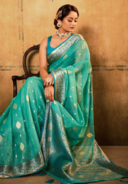 Sea Green Banarasi Silk Saree With Blouse