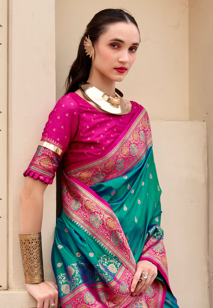 Sea Green Banarasi Silk Saree With Blouse