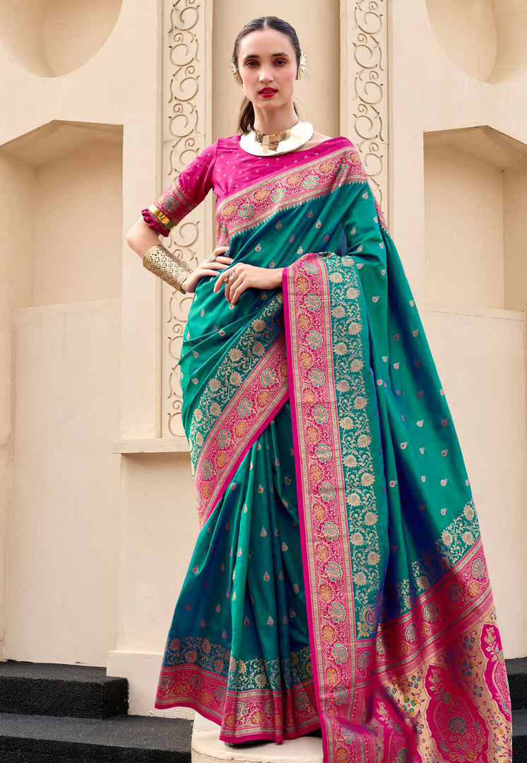 Sea Green Banarasi Silk Saree With Blouse