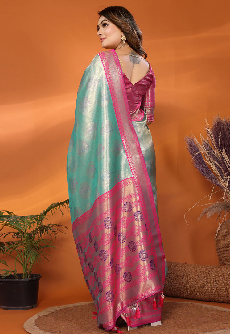 Sea Green Banarasi Silk Saree With Blouse