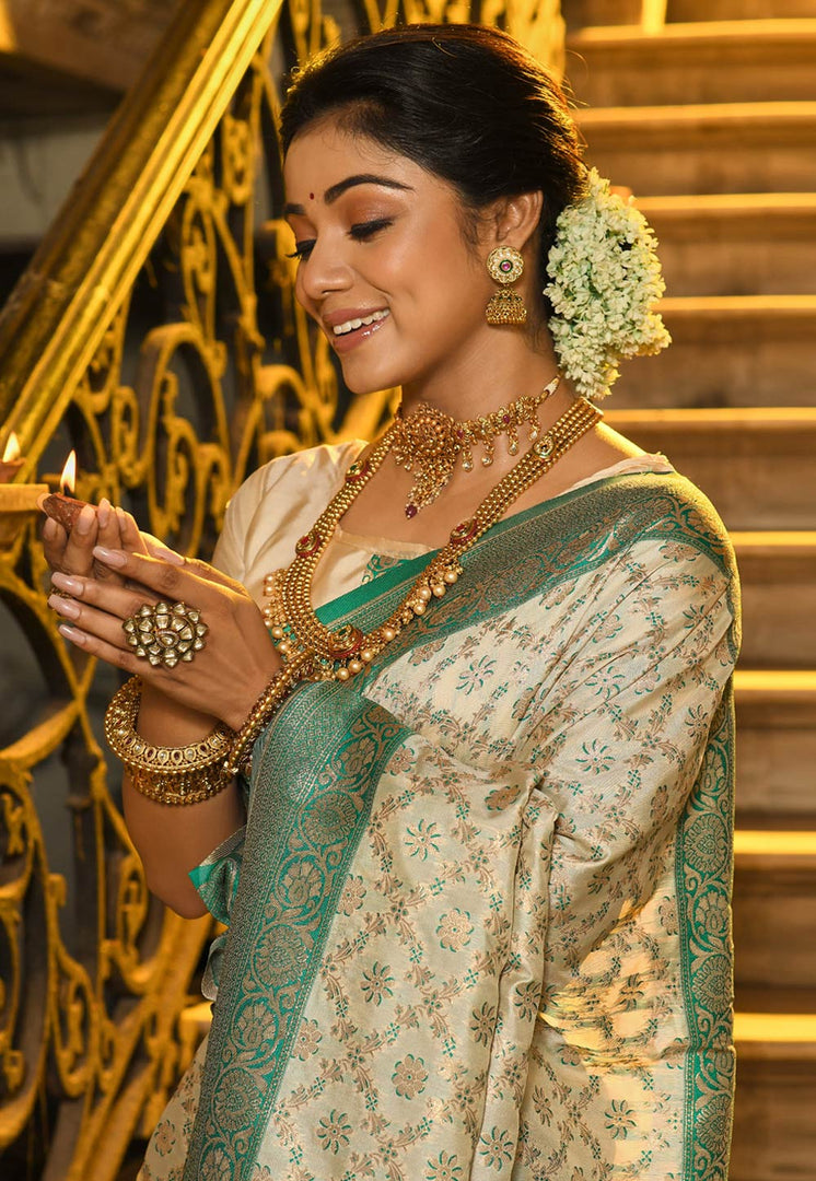Sea Green Banarasi Silk Saree With Blouse