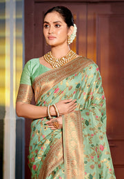 Sea Green Banarasi Silk Saree With Blouse
