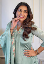 Load image into Gallery viewer, Sea Green Chinon Readymade Anarkali Suit

