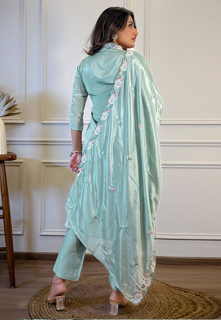 Sea Green Chinon Readymade Anarkali Suit