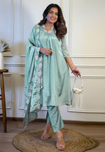 Load image into Gallery viewer, Sea Green Chinon Readymade Anarkali Suit
