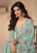 Load image into Gallery viewer, Sea Green Chinon Silk Embroidered Palazzo Suit

