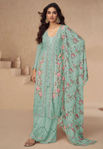 Load image into Gallery viewer, Sea Green Chinon Silk Embroidered Palazzo Suit
