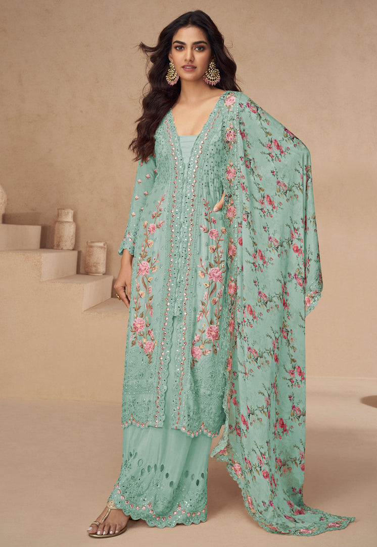 Sea Green Chinon Silk Embroidered Palazzo Suit