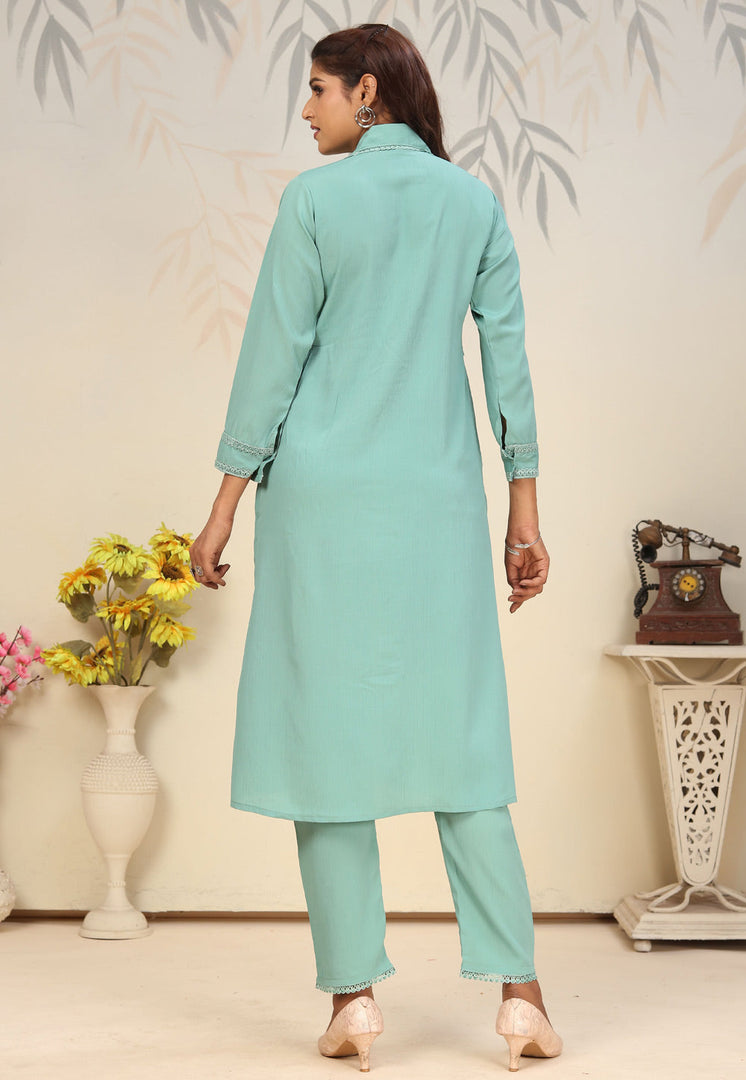 Sea Green Cotton Kurta Set With Pant