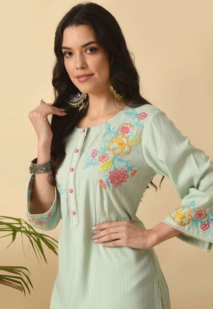 Sea Green Cotton Rayon Kurta Set With Pent