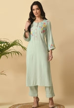 Load image into Gallery viewer, Sea Green Cotton Rayon Kurta Set With Pent
