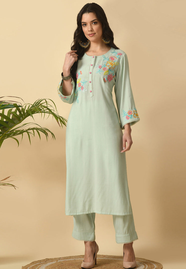 Sea Green Cotton Rayon Kurta Set With Pent