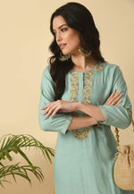 Load image into Gallery viewer, Sea Green Cotton Rayon Kurta Set With Pent
