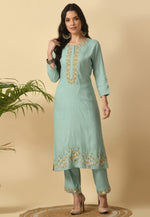 Load image into Gallery viewer, Sea Green Cotton Rayon Kurta Set With Pent
