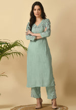 Load image into Gallery viewer, Sea Green Cotton Rayon Kurta Set With Pent
