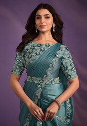 Sea Green Crepe Saree With Blouse