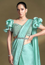 Load image into Gallery viewer, Sea Green Crepe Saree With Blouse
