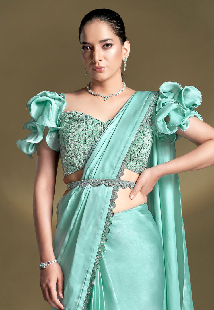 Sea Green Crepe Saree With Blouse