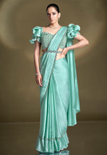 Load image into Gallery viewer, Sea Green Crepe Saree With Blouse
