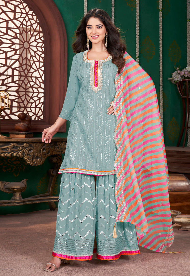 Sea Green Georgette Readymade Sharara Suit