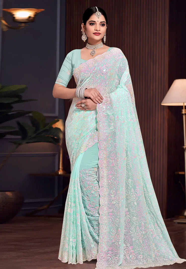 Sea Green Georgette Sequence Saree
