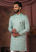 Load image into Gallery viewer, Sea Green Jacquard Indo Western Sherwani
