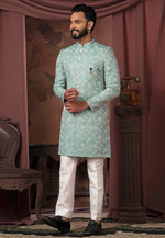 Load image into Gallery viewer, Sea Green Jacquard Indo Western Sherwani
