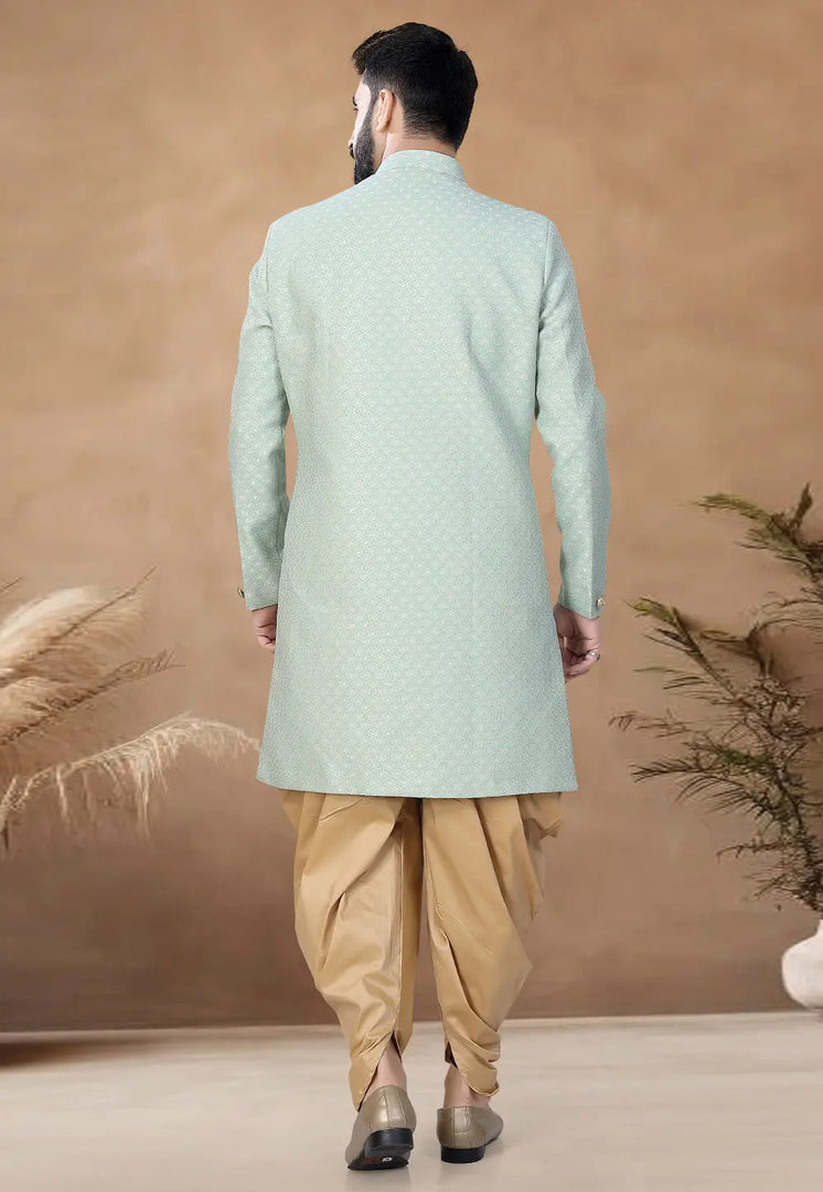 Sea Green Jacquard Indo Western Suit