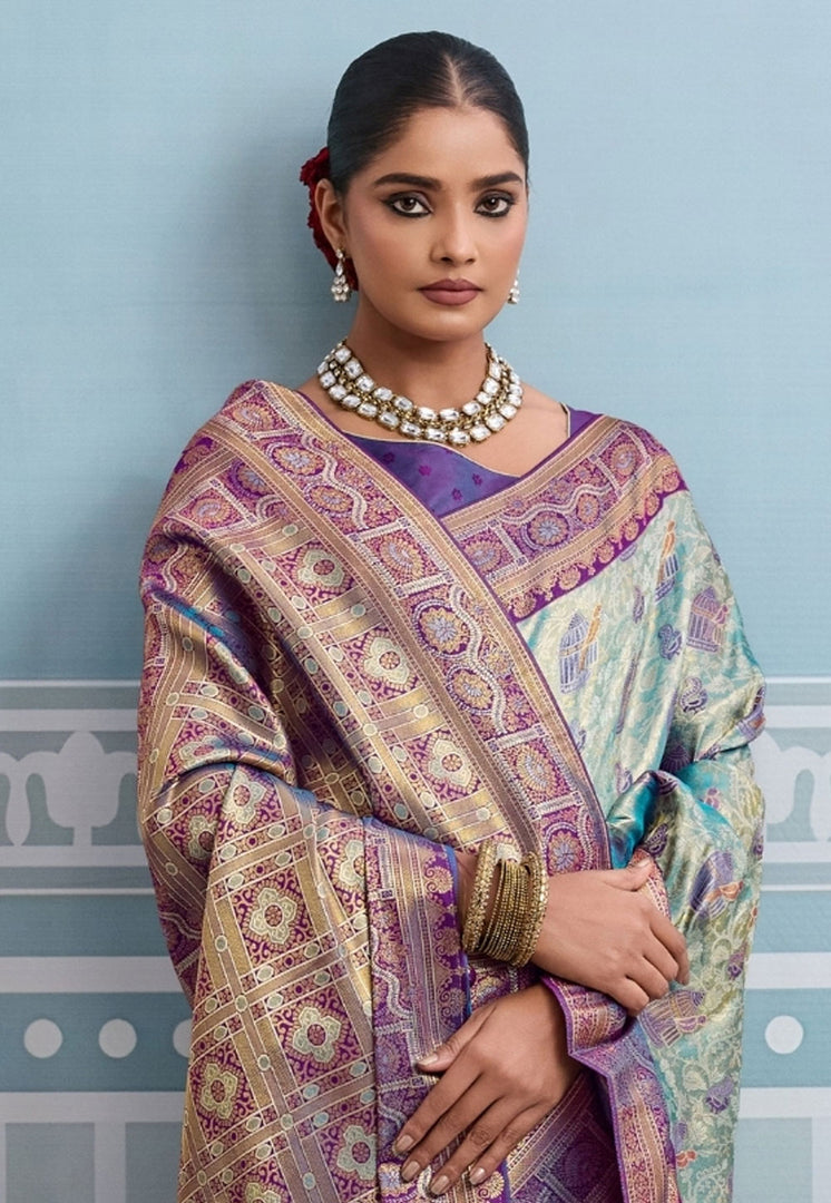 Sea Green Kanjivaram Silk Saree With Blouse