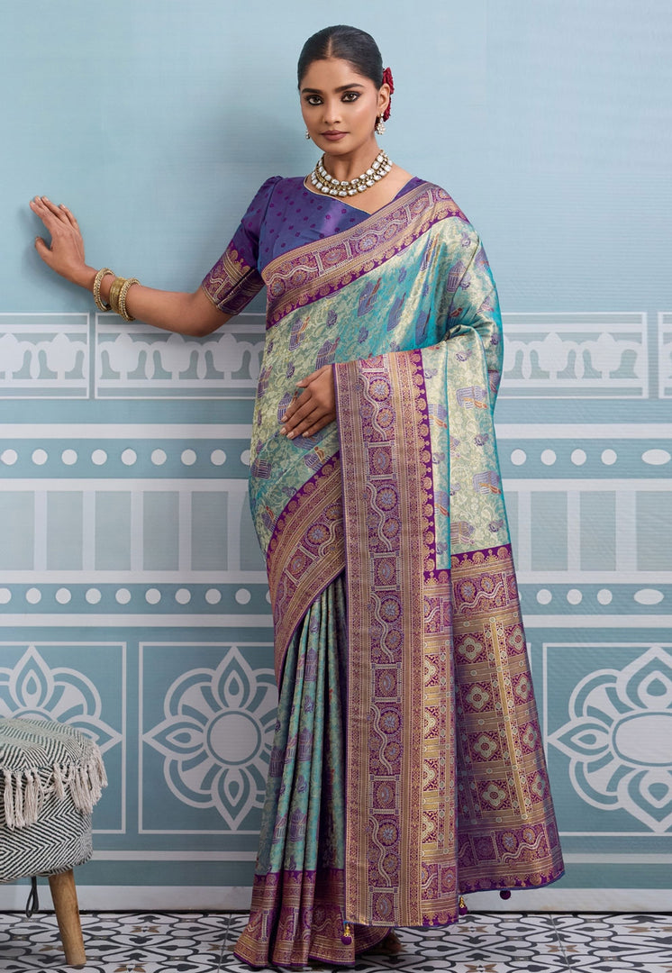 Sea Green Kanjivaram Silk Saree With Blouse