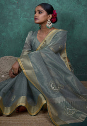 Sea Green Linen Saree With Blouse