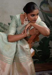 Sea Green Linen Saree With Blouse
