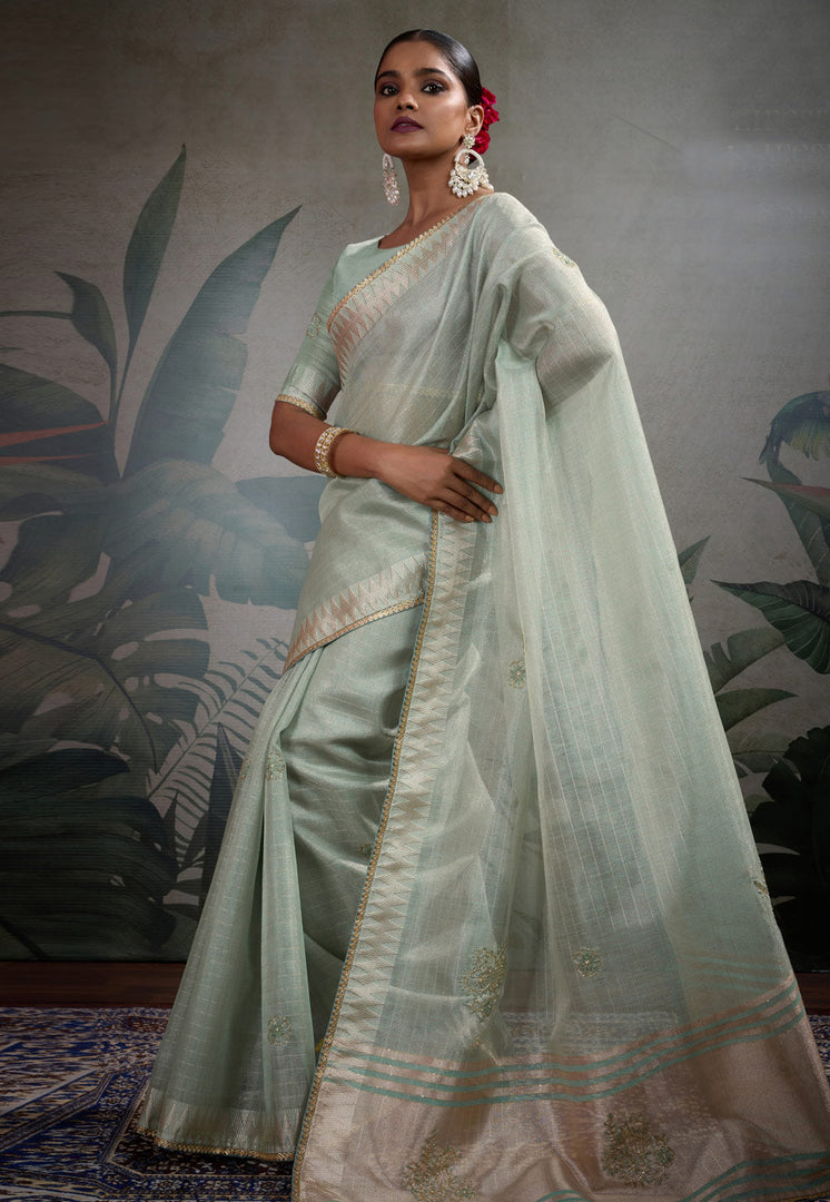 Sea Green Linen Saree With Blouse