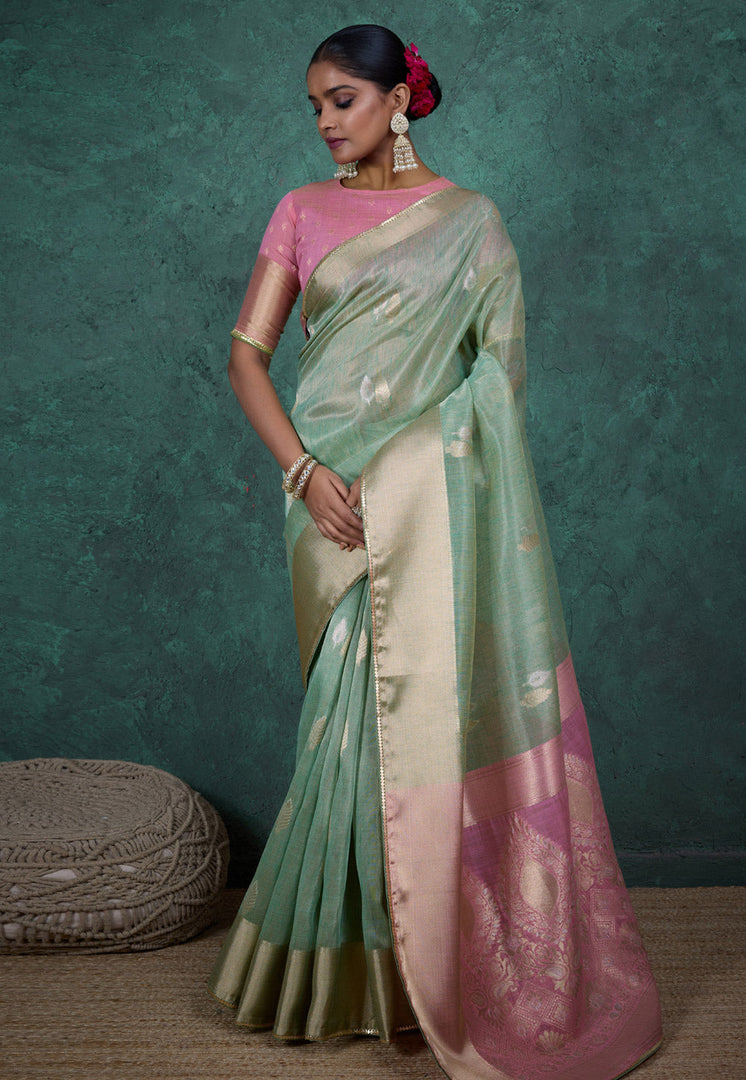 Sea Green Linen Saree With Blouse