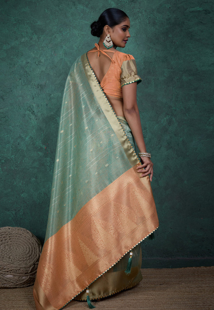 Sea Green Linen Saree With Blouse