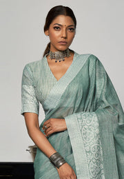 Sea Green Linen Saree With Blouse