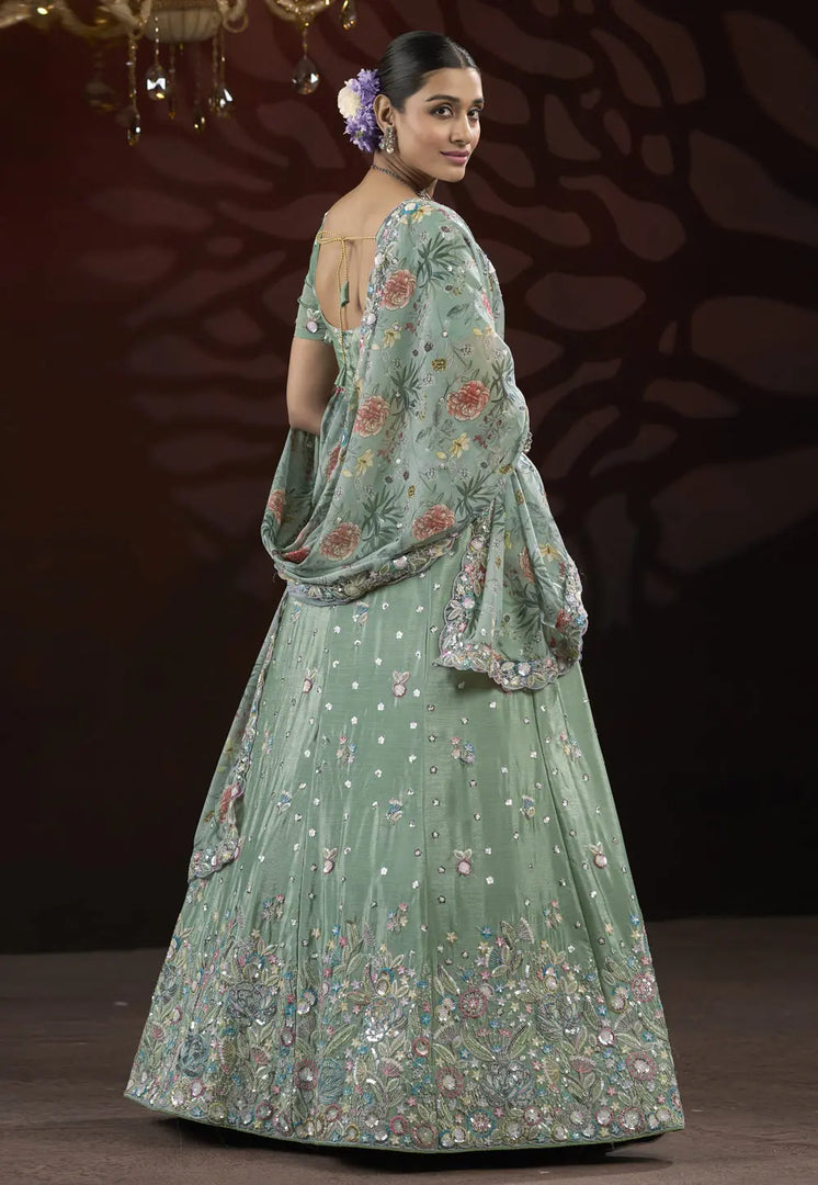 Sea Green Net A Line Lehenga Choli